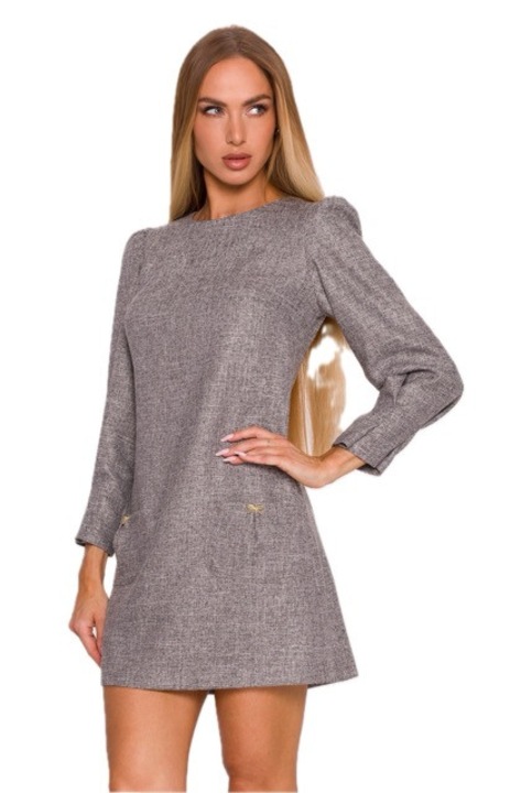 Мини рокля, M870 Графитен туид, Дълги ръкави, Деколте тип лодка, Нашите джобове с декоративни панделки