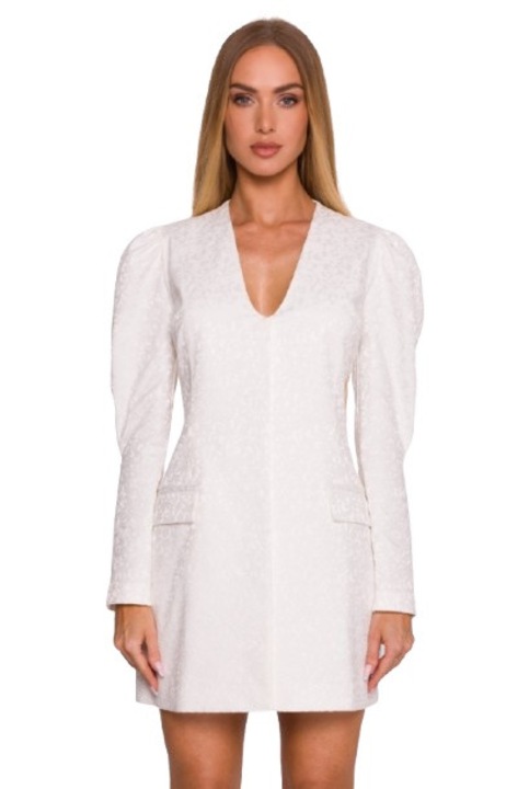 Мини рокля, M881 Крем Деколте, Дълги ръкави, Ръкави с джобове с