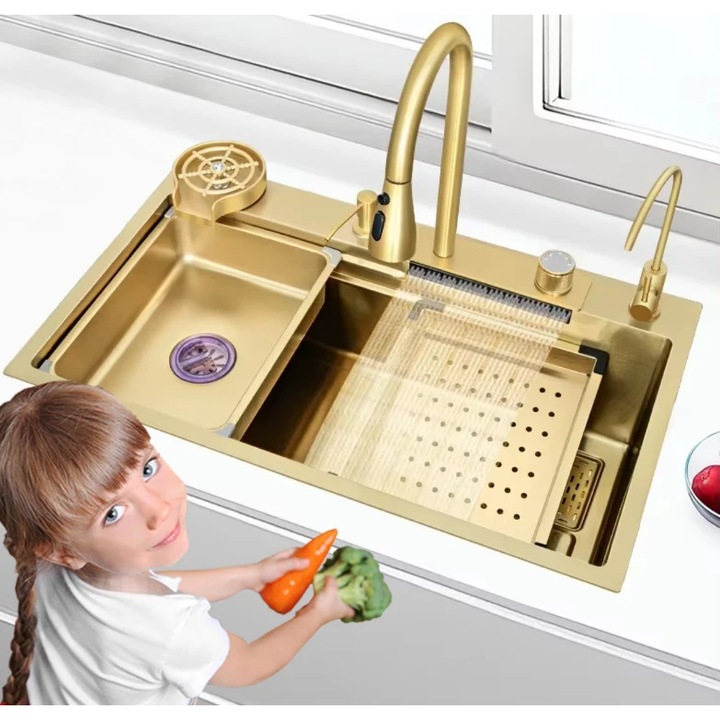 Chiuveta multifunctionala inox auriu (Gold) TRENDY’S, 75×46 cm, cu LED, baterie apa purificata si accesorii premium