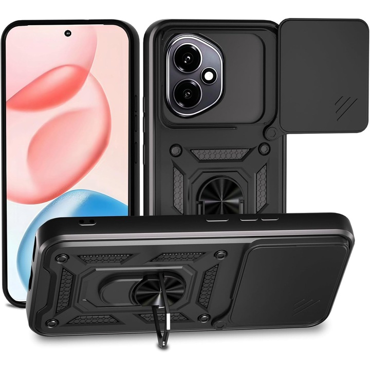 Кейс за телефон Mat-Tech, съвместим с Honor 400, защита на камерата, пръстен, магнит, противоударен, здрава защита, черен