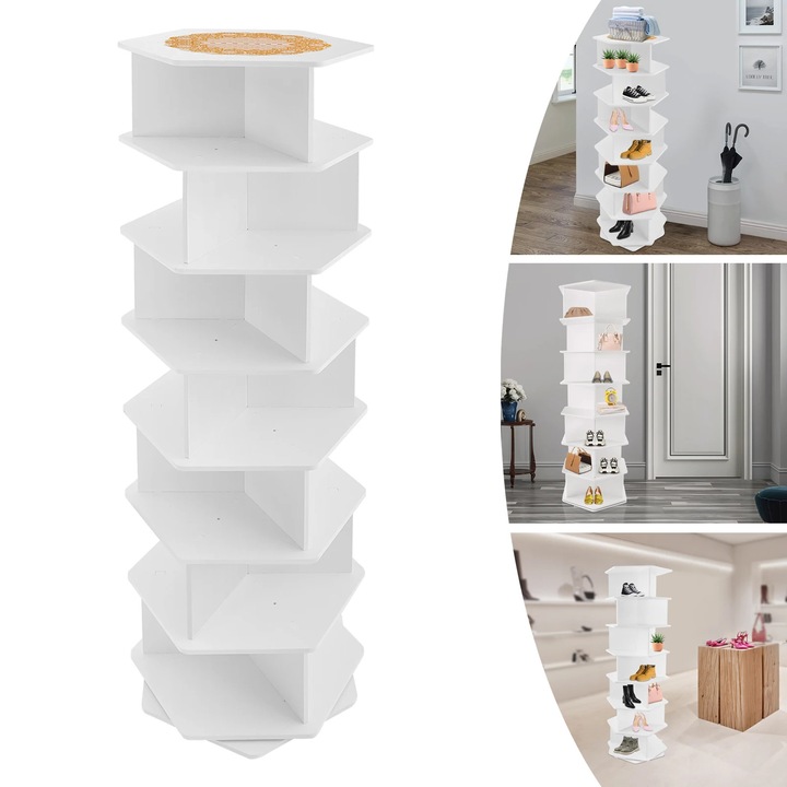 Cipőszekrény, 7 emelet, emeletenként 3 pár, 360°-ban forgatható, PVC, 30x30x165,5cm