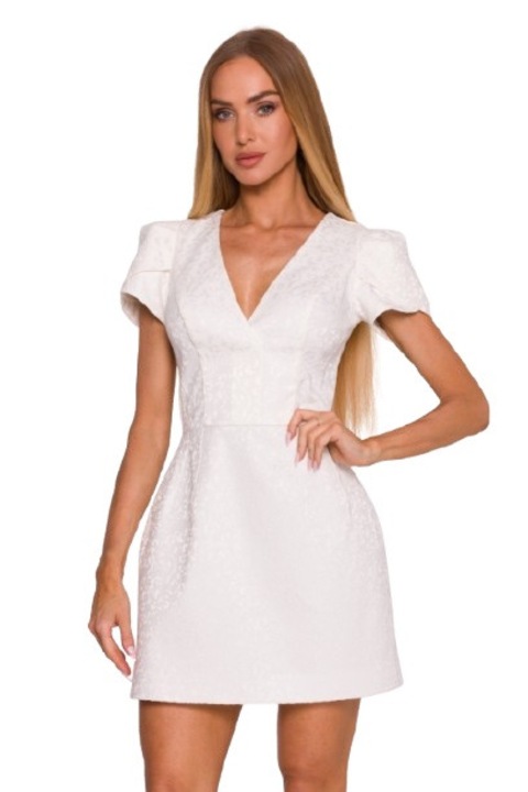 мини, M882 жакард, V-образно деколте, къси ръкави, цип на гърба, Крем