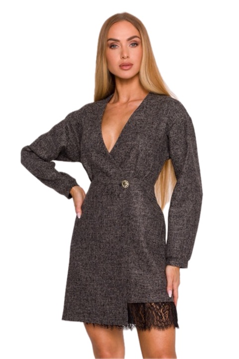 Мини рокля, M871 Черно туид с дантелена вложка, Дълги ръкави, V-образно деколте, Декоративно копче на талията