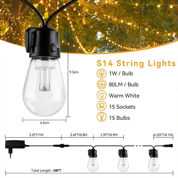 Instalatie de Craciun LED, 48FT 15M, 15LED, impermeabil