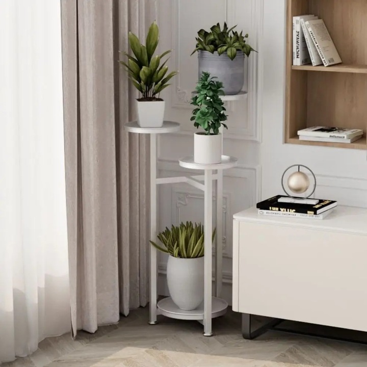 Beltéri növényszállító, Fém sarokpolc, 5 szintes, 80 cm magas, Csúszásgátló lábak, Összeszerelés szükséges, Fehér
