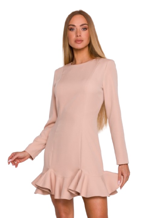 Мини рокля, Cud Moda, M880, Бежова, дълга, 100% полиестер, Класическо деколте, Дълги ръкави, Скрит цип на гърба, Вълнообразна долна част, XL