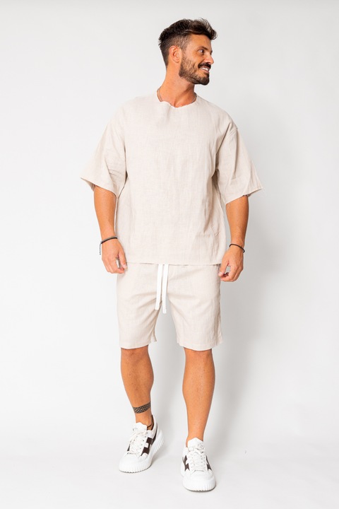Комплект от тениска и шорти Lino 100% лен, светло бежов, 17975, Светло бежово