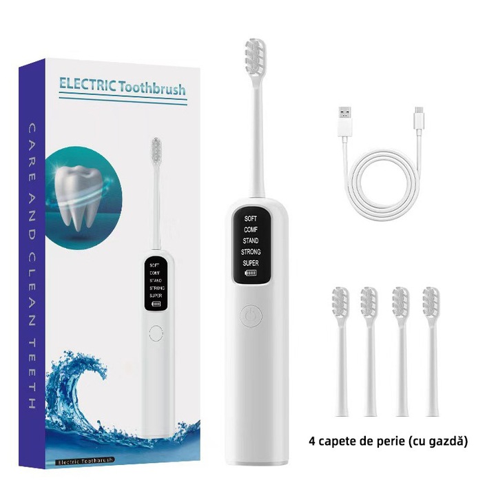 VeniSymlis® Periuta de dinti electrica pentru copii, 5 moduri de curatare, 38400 vibratii pe minut, impermeabila, 4 capete de perie, casa pentru casa si calatorii, afisaj LED de 800mAh, alb，Pentru varste de 6+