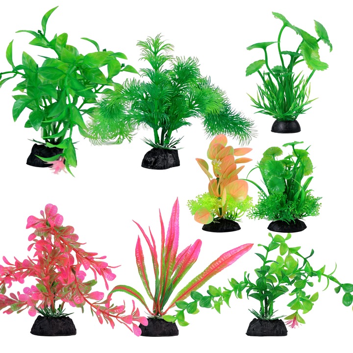 8 db-os műnövény akvárium szett, 10/12/20 cm, nem fakul, könnyen tisztítható, stabil talp, deformációálló, PVC, többszínű