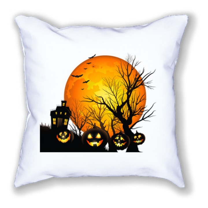 Fehér mintás párna, Halloween éjszakája, 40/40 cm