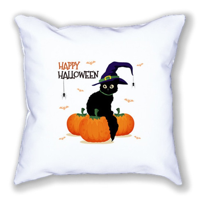 Fehér párna mintával, Boldog Halloweent, Fekete Macska, 40/40 cm