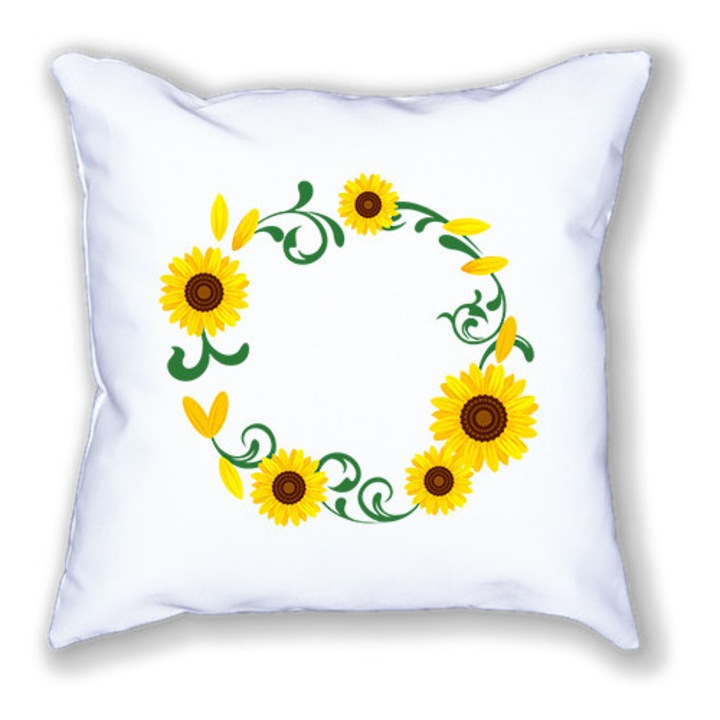 Pernă albă cu imprimeu, Floarea-soarelui, 40/40 cm