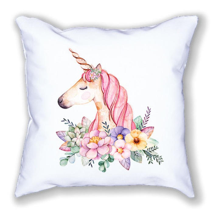 Fehér párna mintával, Unikornis, 40/40 cm