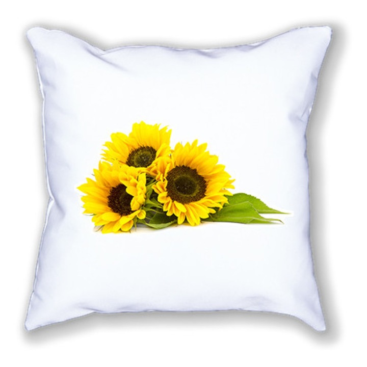 Pernă albă cu imprimeu, Floarea-soarelui, 40/40 cm