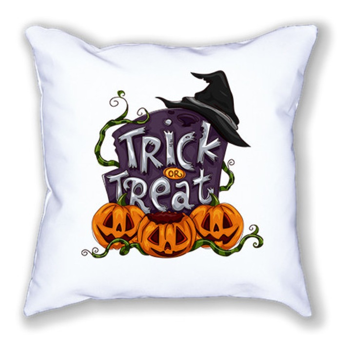 Pernă albă cu imprimeu, Halloween Trick or Treat, 40/40 cm