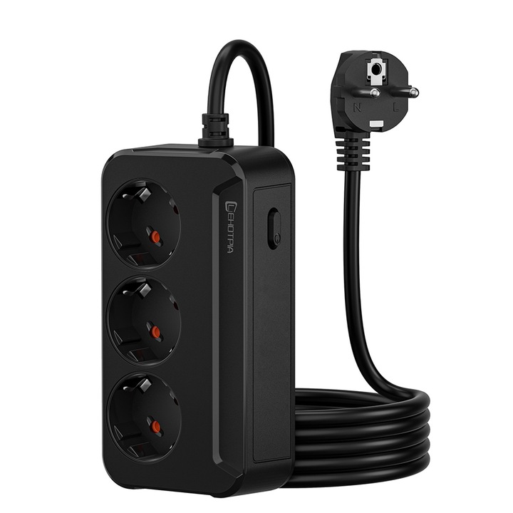 Разклонител с 3 контакта, LEHOTPIA, 2500W, с прекъсвач, със защита за деца, защита от пренапрежение, 1.8M, черен