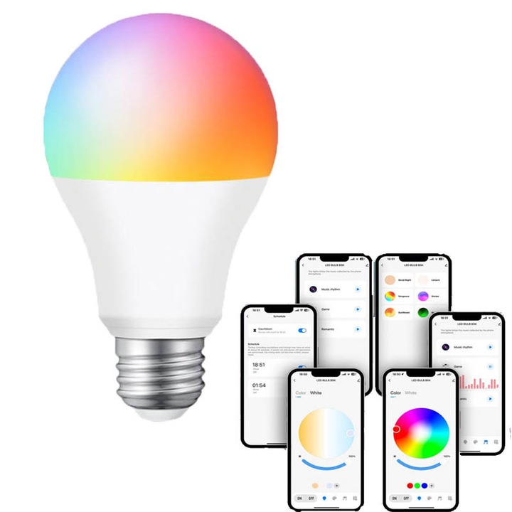 Смарт LED крушка cootway E27, WiFi, RGB + CW + WW, управление чрез приложение и глас, размери 60x110mm