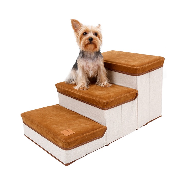 Scări pliabile pentru câini TopGearWorld, 3 trepte, compartiment de depozitare, maro, 60x35x30 cm