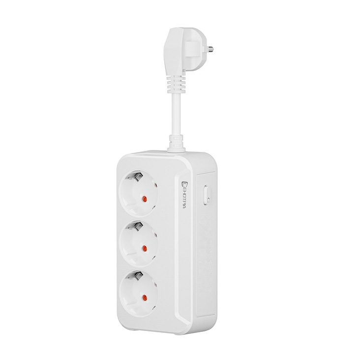 Prelungitor, LEHOTPIA, Intrerupator, 3 Prize, 2500W, Protejat pentru Copii, Protectie Supratensiune, Alb