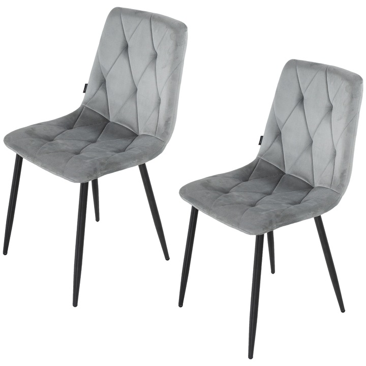 Set 2 scaune DENVER Kobe, tapitat catifea gri, picioare metalice negre, 43x55x84 cm