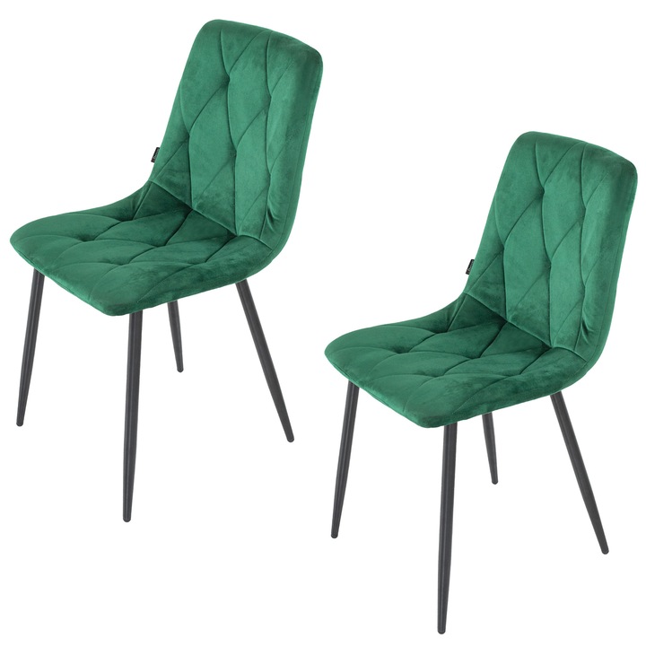 Set 2 x Scaune DENVER Kobe, tapitat cu catifea verde, picioare metalice negre, tapitat, 43x55x84 cm