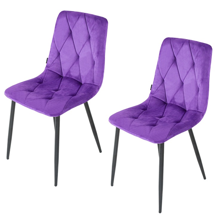 Set 2 scaune DENVER Kobe, tapitate, catifea mov, picioare metalice negre, 43x55x84cm