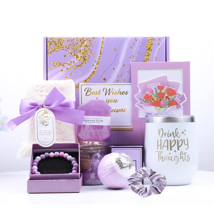 Комплект подарък за жени, PHIKER, кристална гривна, мека кърпа, копринено ластиче за коса, сапун, бомба за баня, термо чаша, лилав