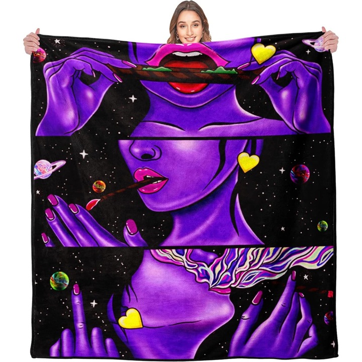 Patura HOLAVIDA, Smoky Cool Girl, flanel, design fluorescent, negru/violet, 130x150cm