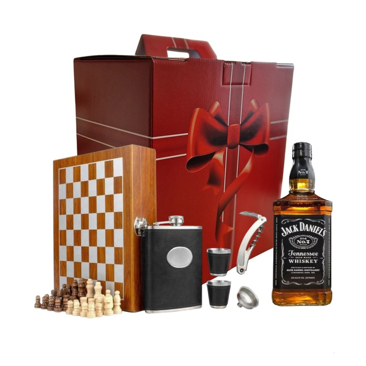 Pachet cadou pentru barbati, Set MH-8N cutie si piese pentru sah, tirbuson, sticla si pahare, Whiskey 500ml Jack Daniels, praline de ciocolata, ambalaj cadou
