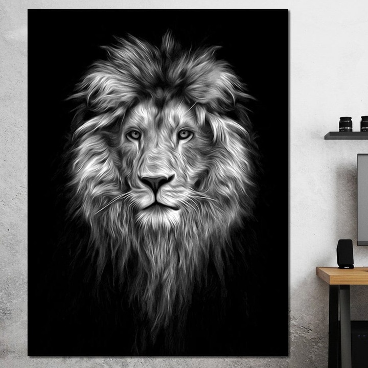 Tablou Canvas Premium, LuxCanva® M1382, Regele Intunericului, 90 X 120 CM, Panza Bumbac 100% 400g/m2, Sasiu Lemn, Leu, Animale, Salbatic, Portret, Chip, Monocrom, Alb si Negru, Mister, Abstract, Birou, Living, Camera Copil