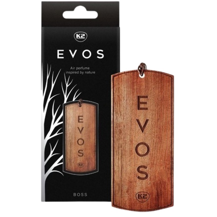 K2 EVOS BOSS V034 prémium autóillatosító, fenyőfa alakú, kartontartóval, természetes aromával