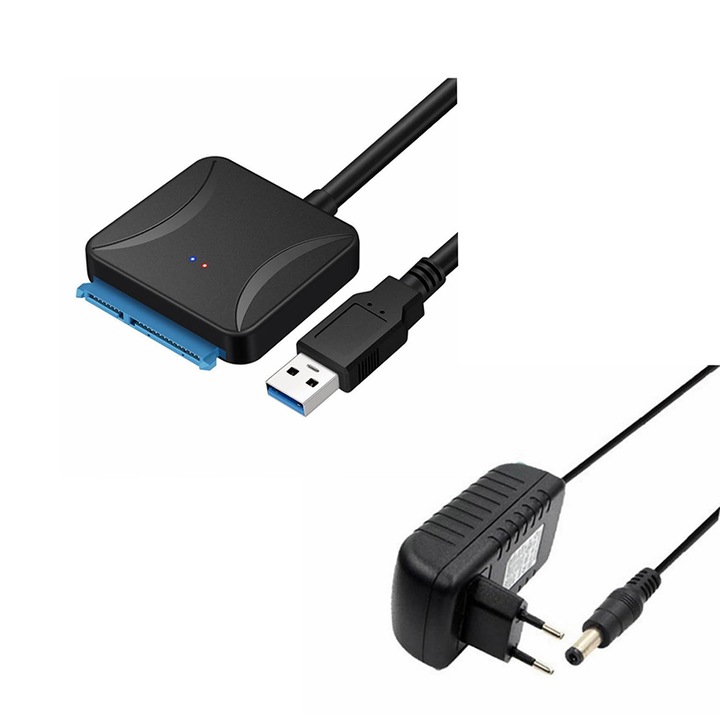 Адаптер USB 3.0 към SATA, Rqiurpn, за HDD/SSD 2.5/3.5 инча, 5Gbps UASP, plug and play, със захранване 12V, 45см, Черен