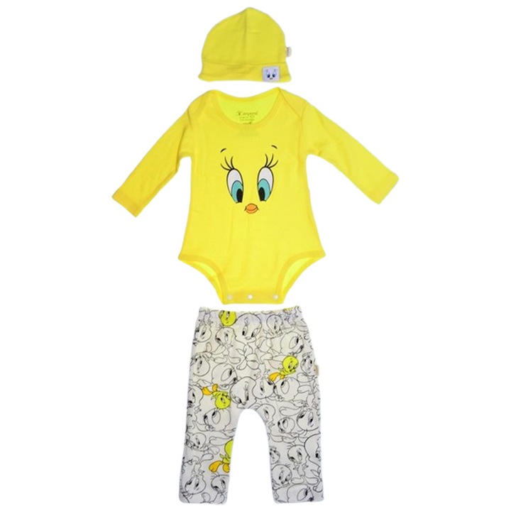 Compleu din 3 piese pantaloni, body si caciula, pentru fete, Mini Junior 4030G, Galben 122199