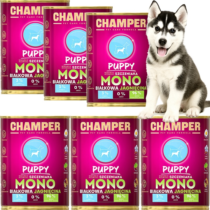 Hrana umeda pentru caini, Champer Puppy, cu miel, 6x400g