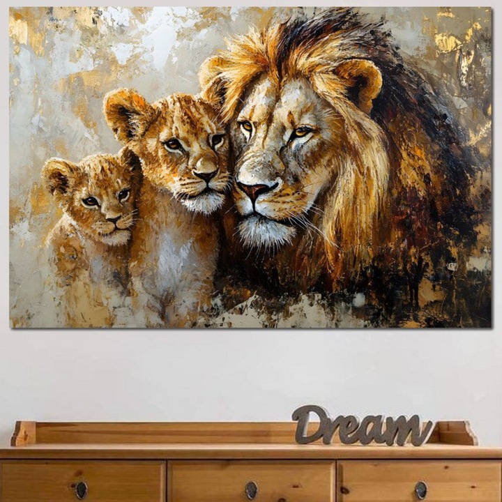 Tablou Canvas Premium, LuxCanva® M1384, Mandria Regelui, 100 X 150 CM, Panza Bumbac 100% 400g/m2, Sasiu Lemn, Familie, Legatura, Afectiune, Tata, Pui, Lei, Animale, Regele Junglei, Auriu, Birou, Living, Camera Copil