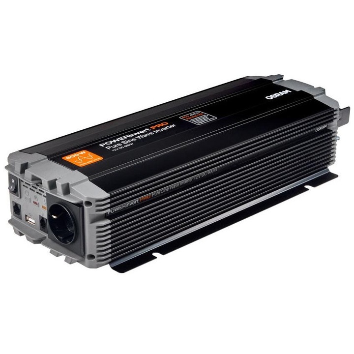 Invertor auto OSRAM Pure Sine Wave OEINVPAR6, 12V DC, 600W, cu RCD, 1 priza 230V + 1 port USB 2.1A