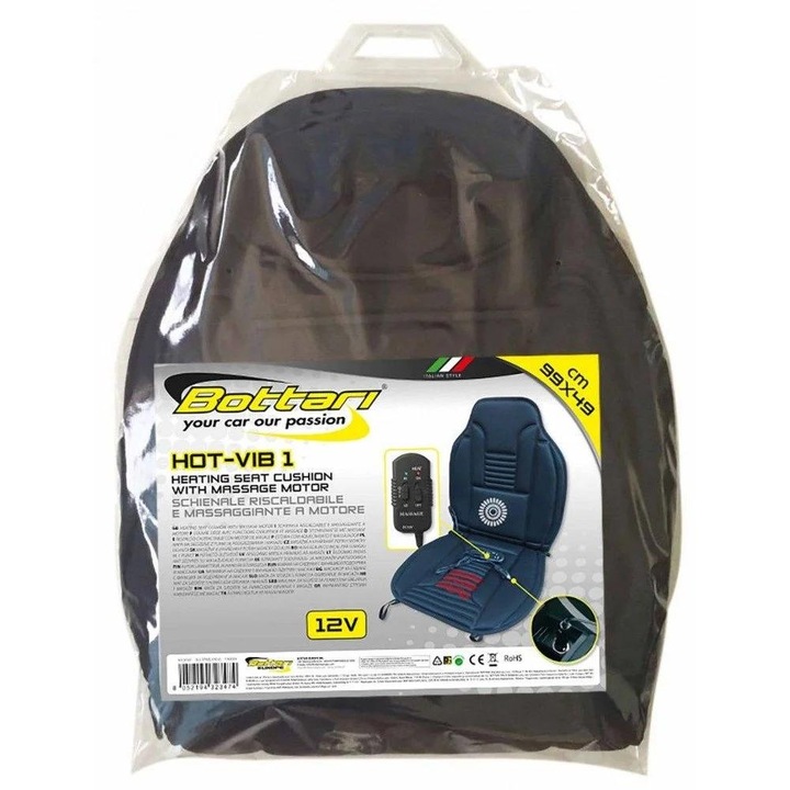 Husa auto Bottari Hot Vibe 32346BT, incalzire si masaj, negru, universala, compatibila cu majoritatea scaunelor auto