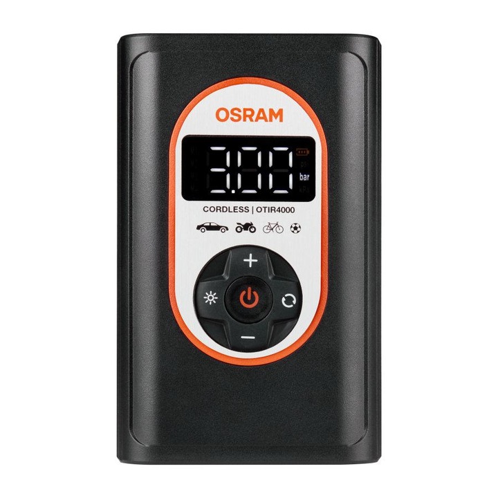 Compresor auto OSRAM TYREinflate 4000, model OTIR4000, alimentare 12V, acumulator 7.4V, putere 120/90W, presiune maxima 8.3 bar, debit 9-15 l/min, cu afisaj digital