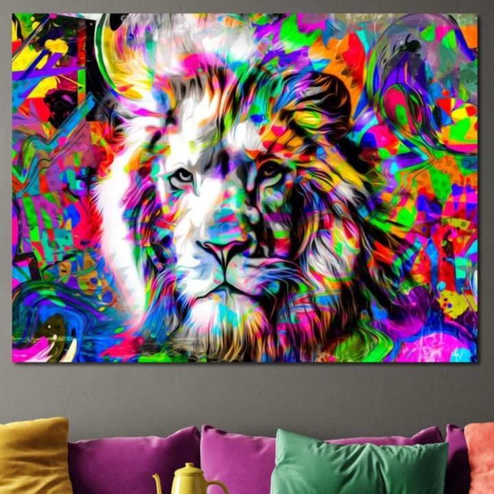 Tablou Canvas Premium, LuxCanva® M1386, Furia Culorilor, 90 X 120 CM, Panza Bumbac 100% 400g/m2, Sasiu Lemn, Pop Art, Graffiti, Urban, Arta Moderna, Leu, Animal, Regele Junglei, Multicolor, Neon, Birou, Living, Camera Copil