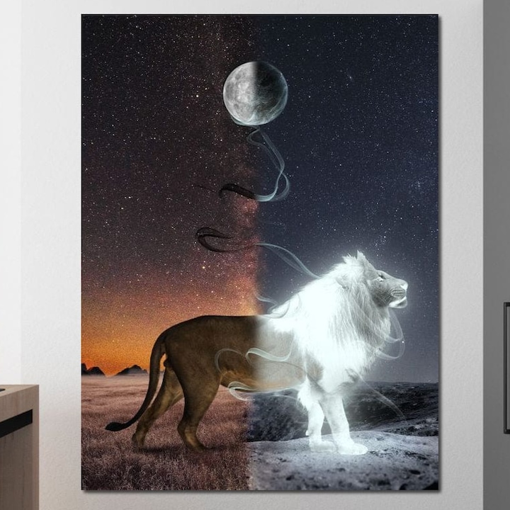 Tablou Canvas Premium, LuxCanva® M1387, Chemarea Lunii, 75 X 100 CM, Panza Bumbac 100% 400g/m2, Sasiu Lemn, Cosmic, Univers, Stele, Noapte, Dualitate, Lumina, Spirit, Leu, Energie, Eteric, Birou, Living, Camera Copil