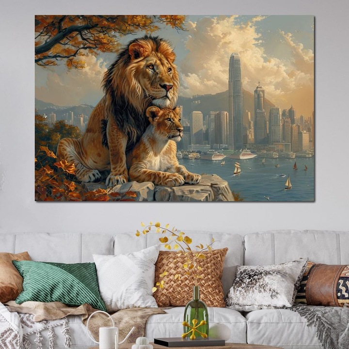 Премиум картина върху платно, LuxCanva® M1389, Заедно в новия свят, 80 X 120 см, 100% памучно платно 400 г/м2, дървена рамка, град, модерен, сгради, двойственост, природа, лъвове, животни, двойка, дървета, съюз, офис, хол, детска стая