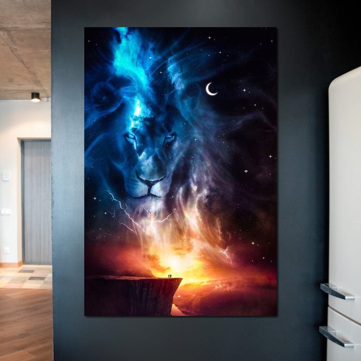 Премиум картина върху платно, LuxCanva® M1390, Среща с безкрайността, 100 X 150 CM, 100% памучно платно 400g/m2, дървена рамка, Светкавица, Полумесец, Вселена, Звезди, Залез, Лъв, Небесно съзвездие, Мистерия, Дух, Бдение, Магия, Офис, Хол, Детска стая