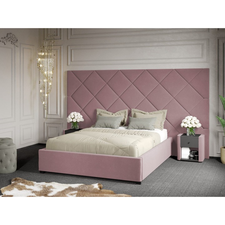 Pat Tapitat cu Panou, 305x171, C4, Dubai cu Somiera fixa, 160x200, Roz/Velluto 14