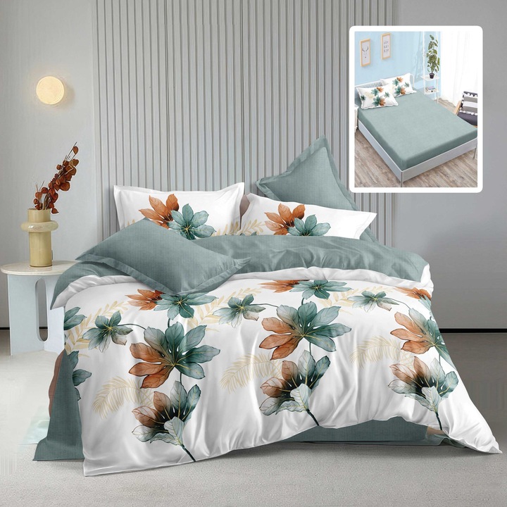 Finet Cotton 6 részes franciaágynemű matrachuzattal 160x200 vagy 180x200 cm, paplanhuzat 200x230 cm, 2 párnahuzat 50x70 és 70x70 cm, Zöld, Kén ELA V2