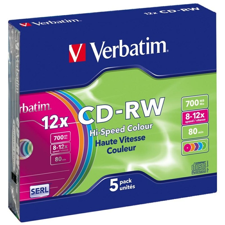 Pachet 5 bucati CD-RW Verbatim Colour 700MB 12x multicolor