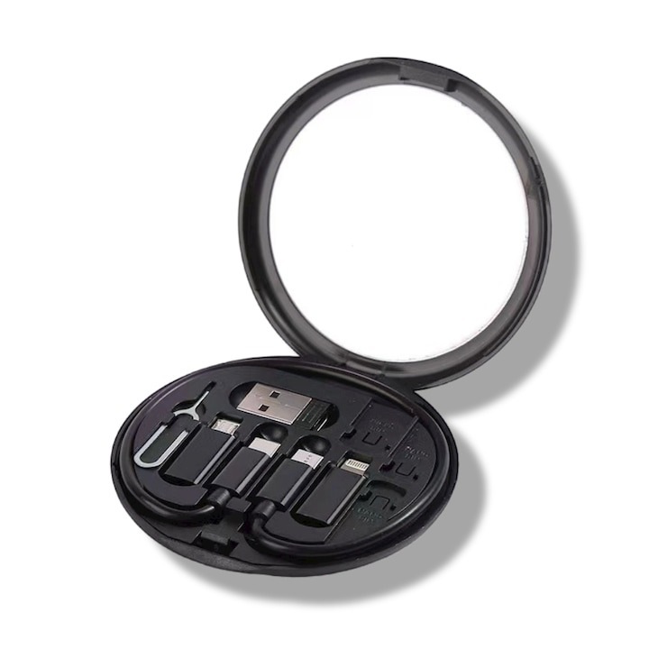 Set cabluri de date multifunctionale, adaptoare USB-C/Tip Lightning/USB-A/Micro-USB, portabil, cu oglinda, negru, Dactylion®