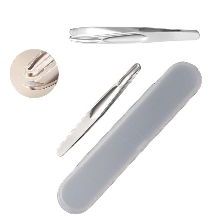 Penseta de precizie cu varf rotund argintiu 9,1x0,5 cm pentru indepartarea parului facial de pe sprancene