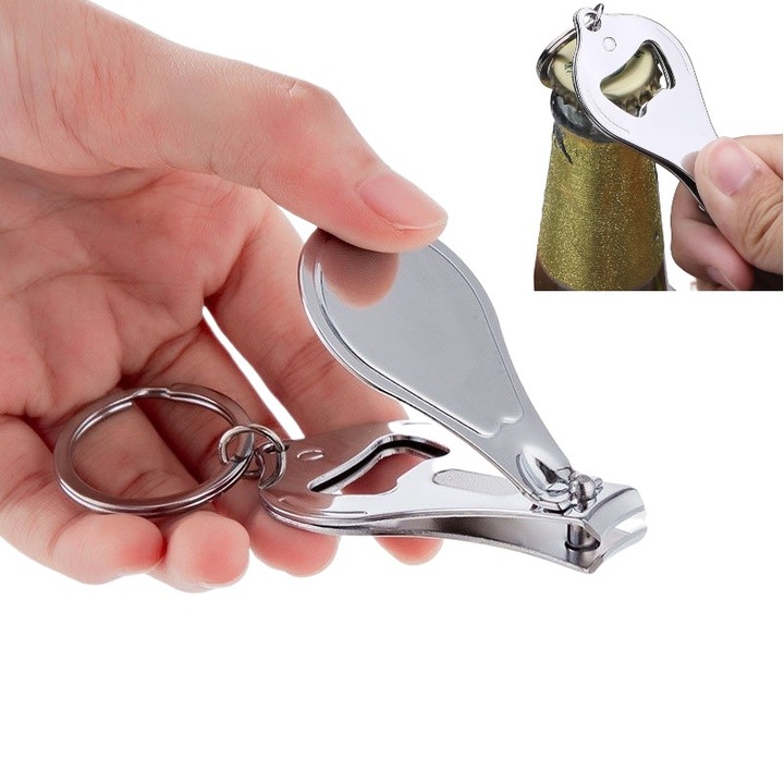 Többfunkciós körömvágó, könnycsepp alakú, rozsdamentes acél, sörnyitó, kulcstartó, 6.6cm
