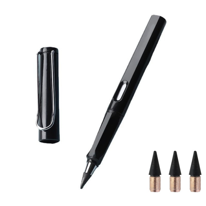 Kopásálló, elpusztíthatatlan ceruzakészlet, élezés nélkül, 1 toll, 3 cserélhető heggyel, fekete, beépített radírral, nem igényel tintát