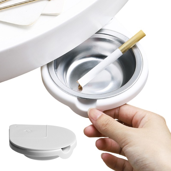 Scrumiera rotativa ascunsa pentru birou, alb, ABS, inox, 10.7x13x3cm